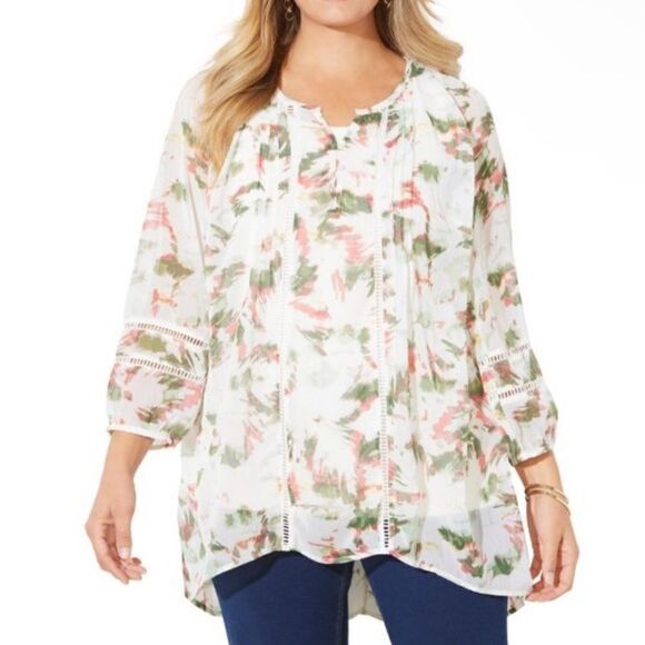 This CATHERINES lightweight peasant top Soft,lightweight  soft crinkle chiffon3X - Picture 1 of 8